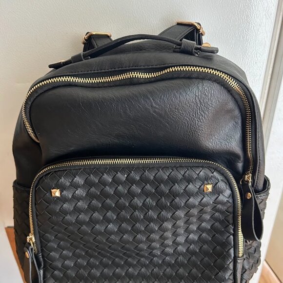 Madison West Black Vegan Leather Backpack W/ Basket Weave Braid - Brass Zippers main image 2